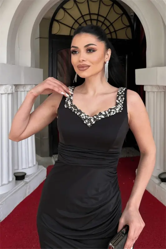 Jersey Fabric Stone Detailed Evening Dress - BLACK - 4