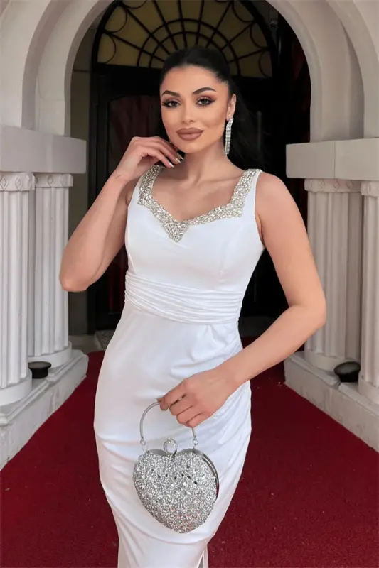 Jersey Fabric Stone Detailed Evening Dress - WHITE - 4