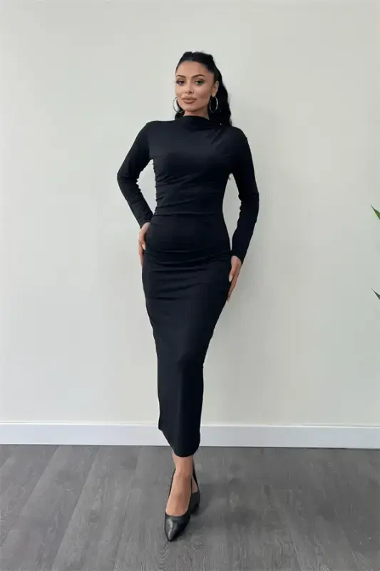 Jersey Ruched Pencil Dress - BLACK - BÜYÜKBEDENIZ