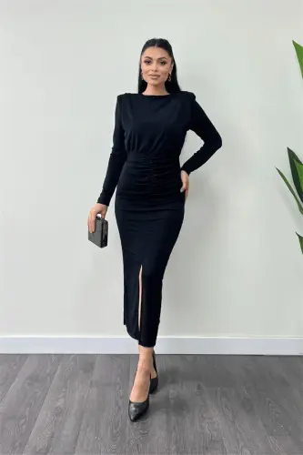 Jersey Sequin Fabric Ruched Detail Pencil Dress - BLACK - 1