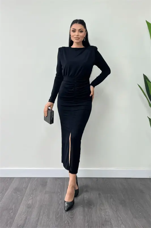 Jersey Sequin Fabric Ruched Detail Pencil Dress - BLACK - 1