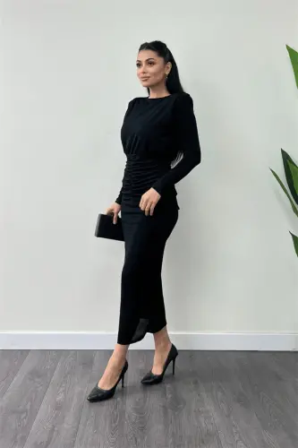 Jersey Sequin Fabric Ruched Detail Pencil Dress - BLACK - BÜYÜKBEDENIZ (1)