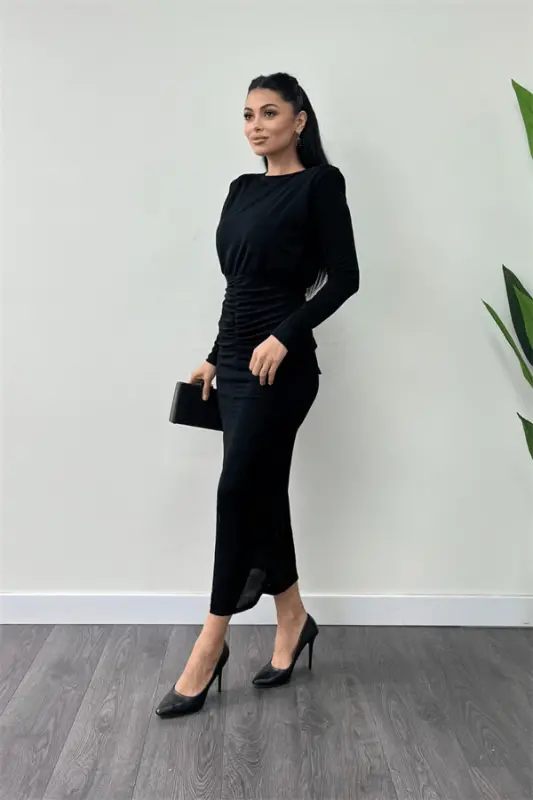 Jersey Sequin Fabric Ruched Detail Pencil Dress - BLACK - 2