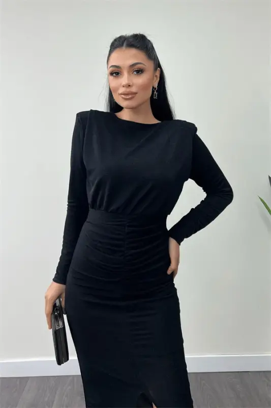 Jersey Sequin Fabric Ruched Detail Pencil Dress - BLACK - 4