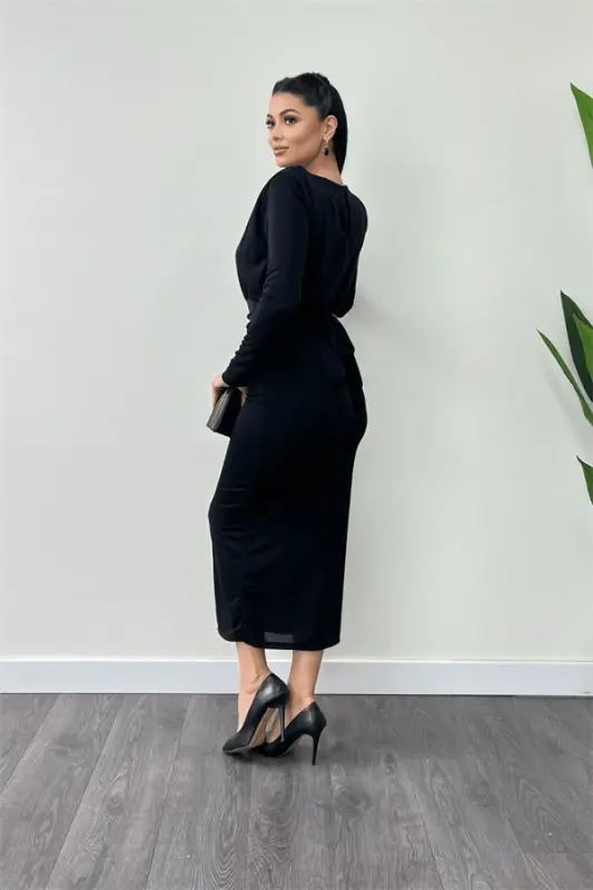 Jersey Sequin Fabric Ruched Detail Pencil Dress - BLACK - 5