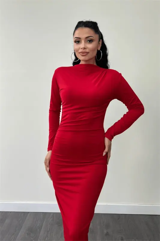 Jersey Shirred Pencil Dress - RED - 3