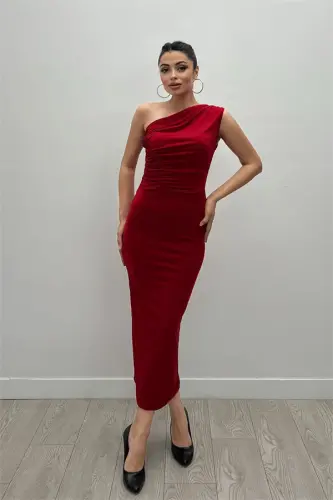 Jersey Single Shoulder Detail Midi Dress - RED - 1