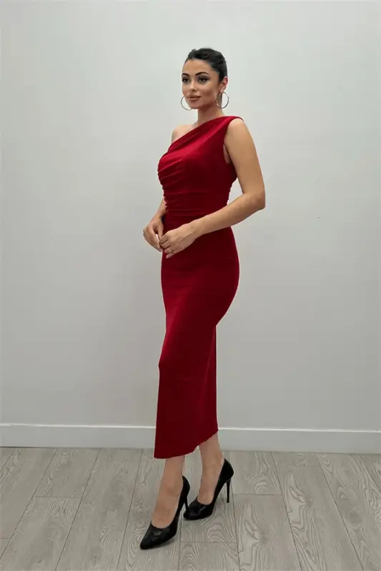 Jersey Single Shoulder Detail Midi Dress - RED - 2