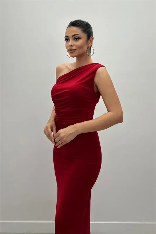 Jersey Single Shoulder Detail Midi Dress - RED - 3