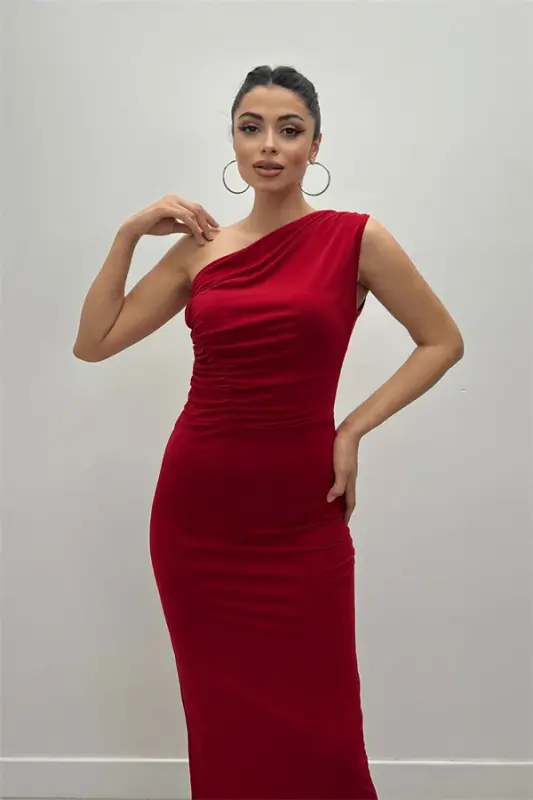 Jersey Single Shoulder Detail Midi Dress - RED - 4