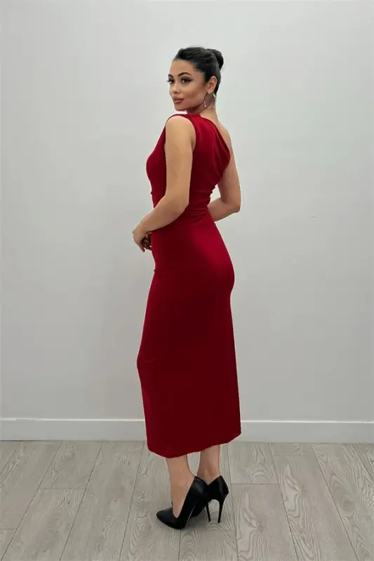 Jersey Single Shoulder Detail Midi Dress - RED - 5
