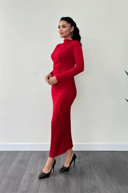 Jersi Matoli Kamzulli Qalam Ko'ylak - QIZIL - 2