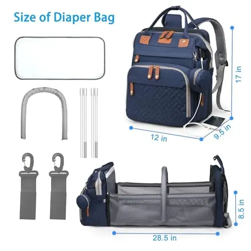 Jeryswet Baby Diaper Bags with Changing Station, Waterproof Large Capacity Diaper Bag Backpack for Moms Dads with USB Charging Port and Stroller Straps, Baby Shower Gifts, Blue - 6