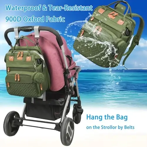 Jeryswet Baby Diaper Bags with Changing Station, Waterproof Large Capacity Diaper Bag Backpack for Moms Dads with USB Charging Port and Stroller Straps, Baby Shower Gifts, Green - 4
