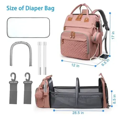 Jeryswet Baby Diaper Bags with Changing Station, Waterproof Large Capacity Diaper Bag Backpack for Moms Dads with USB Charging Port and Stroller Straps, Baby Shower Gifts, Pink - 6