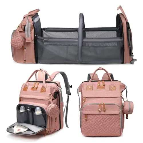 Jeryswet Baby Diaper Bags with Changing Station, Waterproof Large Capacity Diaper Bag Backpack for Moms Dads with USB Charging Port and Stroller Straps, Baby Shower Gifts, Pink - 1