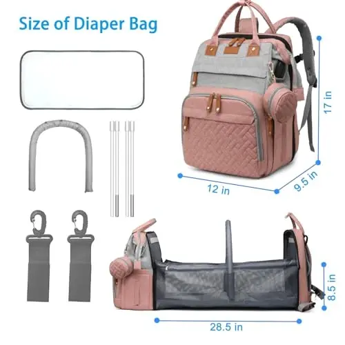 Jeryswet Baby Diaper Bags with Changing Station, Waterproof Large Capacity Diaper Bag Backpack for Moms Dads with USB Charging Port and Stroller Straps, Baby Shower Gifts, Pink-Grey - 6
