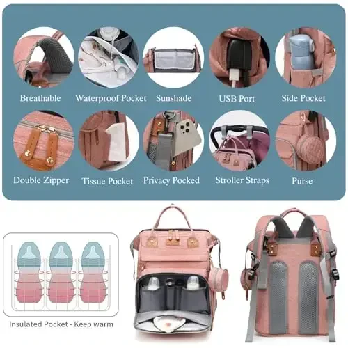 Jeryswet Baby Diaper Bags with Changing Station, Waterproof Large Capacity Diaper Bag Backpack for Moms Dads with USB Charging Port and Stroller Straps, Baby Shower Gifts, Pink - 5