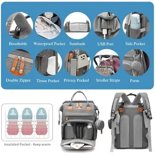 Jeryswet Baby Diaper Bags with Changing Station, Waterproof Large Capacity Diaper Bag Backpack for Moms Dads with USB Charging Port and Stroller Straps, Baby Shower Gifts, Grey - 5