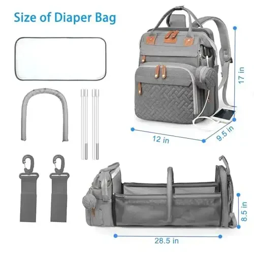 Jeryswet Baby Diaper Bags with Changing Station, Waterproof Large Capacity Diaper Bag Backpack for Moms Dads with USB Charging Port and Stroller Straps, Baby Shower Gifts, Grey - 6