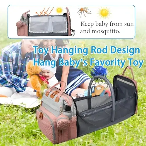 Jeryswet Baby Diaper Bags with Changing Station, Waterproof Large Capacity Diaper Bag Backpack for Moms Dads with USB Charging Port and Stroller Straps, Baby Shower Gifts, Pink-Grey - 2