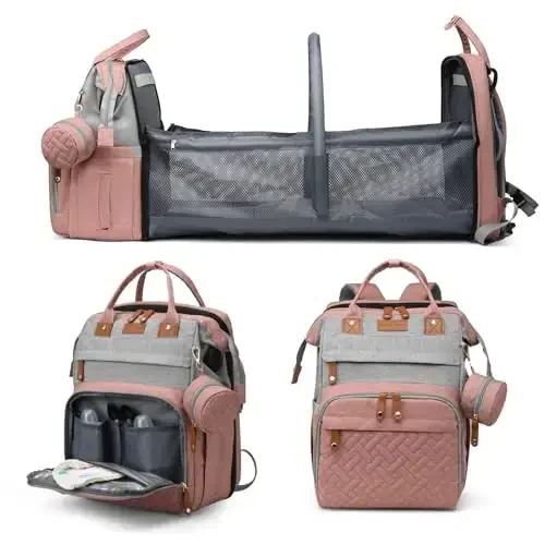 Jeryswet Baby Diaper Bags with Changing Station, Waterproof Large Capacity Diaper Bag Backpack for Moms Dads with USB Charging Port and Stroller Straps, Baby Shower Gifts, Pink-Grey - Jeryswet