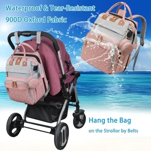 Jeryswet Baby Diaper Bags with Changing Station, Waterproof Large Capacity Diaper Bag Backpack for Moms Dads with USB Charging Port and Stroller Straps, Baby Shower Gifts, Pink-Grey - 4