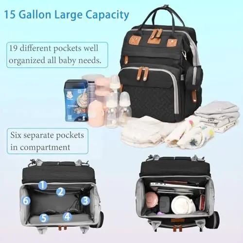 Jeryswet Baby Diaper Bags with Changing Station, Waterproof Large Capacity Diaper Bag Backpack for Moms Dads with USB Charging Port and Stroller Straps, Baby Shower Gifts, Black - 3