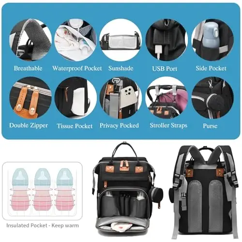 Jeryswet Baby Diaper Bags with Changing Station, Waterproof Large Capacity Diaper Bag Backpack for Moms Dads with USB Charging Port and Stroller Straps, Baby Shower Gifts, Black - 5