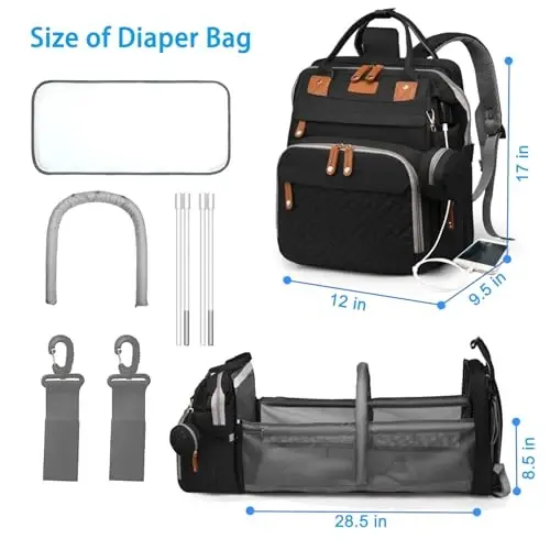 Jeryswet Baby Diaper Bags with Changing Station, Waterproof Large Capacity Diaper Bag Backpack for Moms Dads with USB Charging Port and Stroller Straps, Baby Shower Gifts, Black - 6