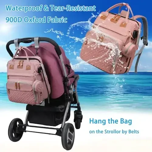 Jeryswet Baby Diaper Bags with Changing Station, Waterproof Large Capacity Diaper Bag Backpack for Moms Dads with USB Charging Port and Stroller Straps, Baby Shower Gifts, Pink - 4