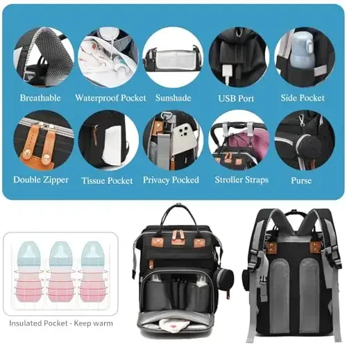 Jeryswet Diaper Bag with Changing Station, Baby Bag, Diaper Bag Backpack, Baby Bag with Built-in USB Charging Port and Stroller Straps Large Capacity Waterproof, Black - 5