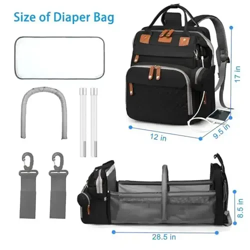 Jeryswet Diaper Bag with Changing Station, Baby Bag, Diaper Bag Backpack, Baby Bag with Built-in USB Charging Port and Stroller Straps Large Capacity Waterproof, Black - 6