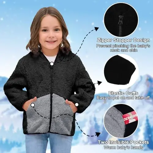 JESKIDS Toddler Girls Boys Fleece Hoody Jacket Zip Up Teddy Coat Warm Winter Outwear - 3