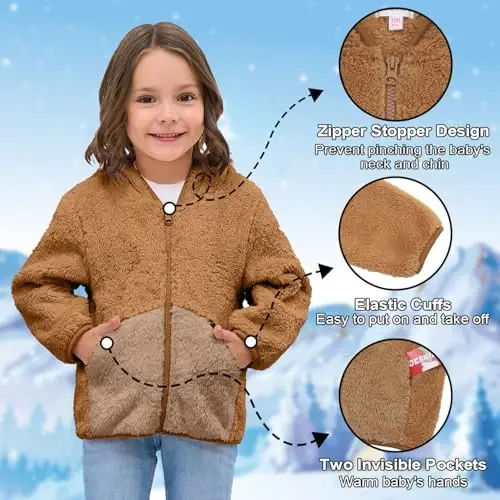 JESKIDS Toddler Girls Boys Fleece Hoody Jacket Zip Up Teddy Coat Warm Winter Outwear - 3