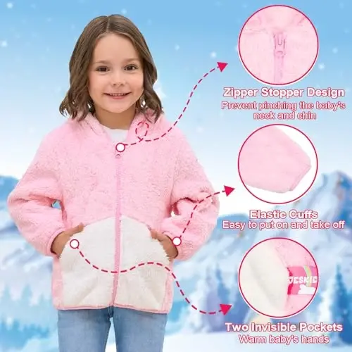 JESKIDS Toddler Girls Boys Fleece Hoody Jacket Zip Up Teddy Coat Warm Winter Outwear - 3
