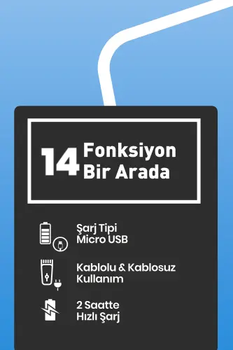 Jest Kablolu Kablosuz Paslanmaz Çelik Standlı Micro Usb 14 in 1 Yüz, Saç Sakal Erkek Bakım Seti Kiti - siyah - 5
