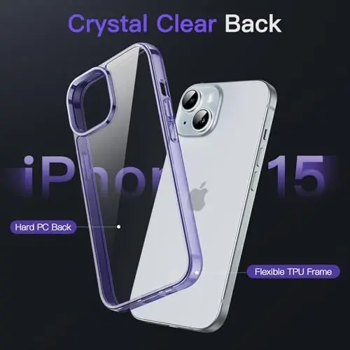 JETech Case для iPhone 15 6.1 дюйма, не желтеющий противоударный чехол-бампер для телефона, прозрачная задняя панель с защитой от царапин (светло-фиолетовый) - 3