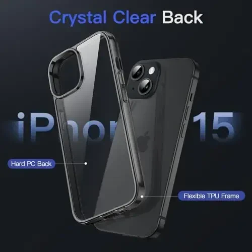 JETech Case для iPhone 15 6.1 дюйма, не желтеющий противоударный чехол-бампер, прозрачная задняя крышка с защитой от царапин (черный) - 3