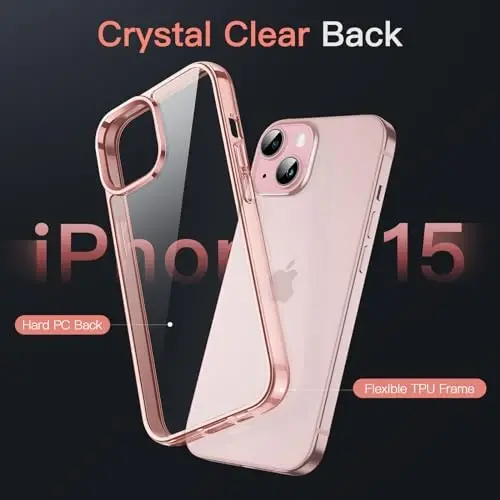 JETech Case для iPhone 15 6.1 дюймов, не желтеющий противоударный чехол-бампер для телефона, прозрачная задняя панель с защитой от царапин (розовое золото) - 3