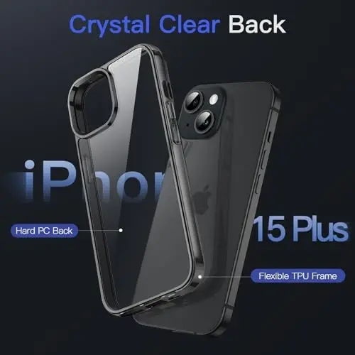 JETech чехол для iPhone 15 Plus 6.7 дюймов, не желтеющий противоударный бампер для телефона, прозрачная задняя панель с защитой от царапин (черный) - 3
