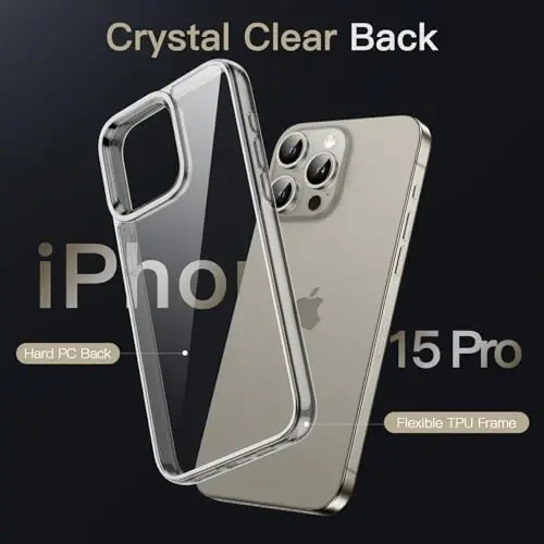 JETech Чехол для iPhone 15 Pro 6,1 дюйма, нежелтеющий ударопрочный бампер, устойчивая к царапинам прозрачная задняя панель (натуральный титан) - 3