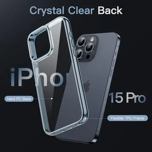 JETech Чехол для iPhone 15 Pro 6,1 дюйма, нежелтеющий ударопрочный бампер, устойчивая к царапинам прозрачная задняя панель (синий) - 3