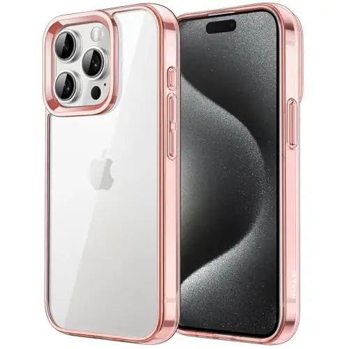 JETech Чехол для iPhone 15 Pro, 6,1 дюйма, нежелтеющий ударопрочный бампер, защита от царапин, прозрачная задняя панель (розовое золото) 