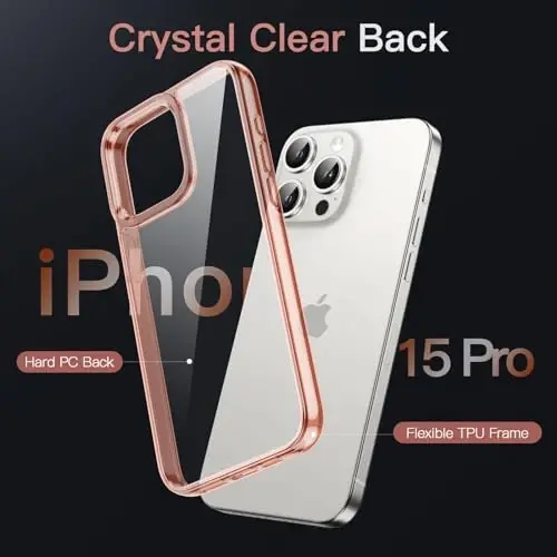 JETech Чехол для iPhone 15 Pro, 6,1 дюйма, нежелтеющий ударопрочный бампер, защита от царапин, прозрачная задняя панель (розовое золото) - 3