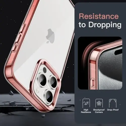JETech Чехол для iPhone 15 Pro, 6,1 дюйма, нежелтеющий ударопрочный бампер, защита от царапин, прозрачная задняя панель (розовое золото) - 5