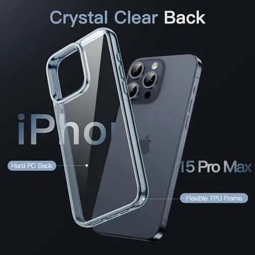 JETech Чехол для iPhone 15 Pro Max 6,7 дюйма, нежелтеющий ударопрочный бампер, прозрачная задняя панель с защитой от царапин (синий) - 3