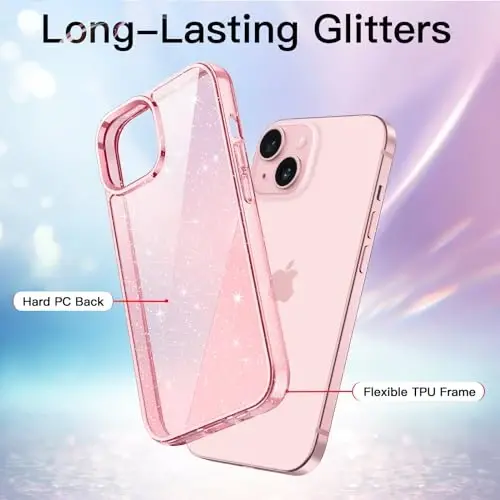 JETech Glitter Case для iPhone 15 6.1-Inch, Bling Sparkle Shockproof Phone Bumper Cover, Cute Sparkly for Women and Girls (Pink) - 3