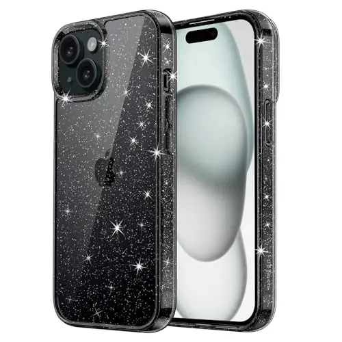 JETech iPhone 15 6.1 dyuym uchun yaltiroq g'ilof, Bling Sparkle zarbga chidamli telefon bumper qopqog'i, ayollar va qizlar uchun yoqimli yaltiroq (qora) 