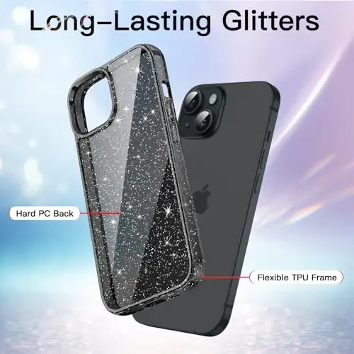 JETech iPhone 15 6.1 dyuym uchun yaltiroq g'ilof, Bling Sparkle zarbga chidamli telefon bumper qopqog'i, ayollar va qizlar uchun yoqimli yaltiroq (qora) - 3